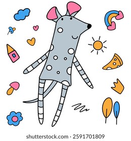 Cartoon gray mouse with polka dots and pink ears surrounded by cartoon elements: house, heart, sun, rainbow, flowers, cheese