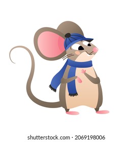Cartoon gray mouse wearing a blue beret and scarf. Vector illustration of a rodent character in flat style.
