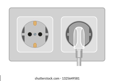 Cartoon gray plug in and unplug electric socket. Euro standard F type. Electricity themed vector illustration for icon, label, brochure, gift card, poster or banner background decoration