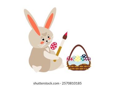 Cartoon gray rabbit sitting with basket of colorful eggs, painting Easter egg with brush. Vector illustration for design of cards, banners, invitations, packaging, prints for clothes