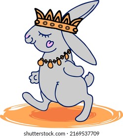 Cartoon gray rabbit walks briskly in royal attributes.
