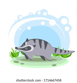 Cartoon gray raccoon with stripes Wild forest or pet Stylized character in the location Glade with plants and sky simplified style Vector stock illustration educational card for children. Wildlife Zoo