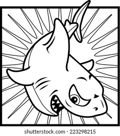 A cartoon gray shark with an angry expression.
