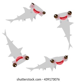 Cartoon Gray Smooth Hammerhead Winghead Shark Kawaii With Pink Cheeks And Winking Eyes Positive Smiling On White Background. Vector