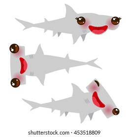 Cartoon Gray Smooth Hammerhead Winghead Shark Set. Kawaii With Pink Cheeks And Winking Eyes Positive Smiling On White Background. Vector