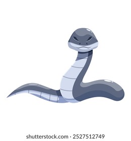 Cartoon gray snake posing menacingly with tongue out, isolated on white background