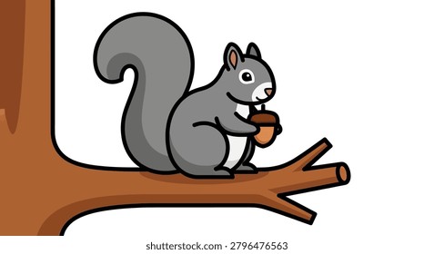 Cartoon gray squirrel holding acorn on tree