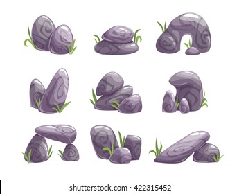 Cartoon gray stones set, different shape rock collection, vector nature landscape elements, game location assets, isolated on white