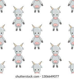 cartoon gray toy goat, cute seamless pattern on white background chequerwise