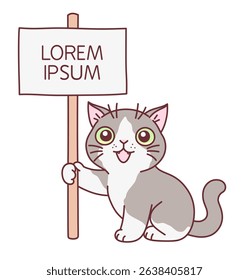 Cartoon gray and white cat holding the banner with lettering. Vector illustration. 
