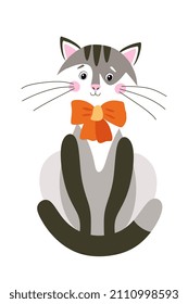 Сute cartoon gray and white cat with orange bow tied around her neck. Isolated on white background. Symbol of Chinese New Year. Print for children's clothing, tableware. Simple expressive drawing.