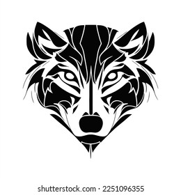 Ilustración del símbolo del vector de diseño del logotipo Gray Wolf de dibujos animados. Cabeza de lobo blanco y negro con fondo blanco y contorno negro en la parte delantera de la cabeza