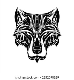 Cartoon Gray Wolf logo design vector icon symbol illustration. A black and white drawing of a fox's head with a geometric pattern on it's face