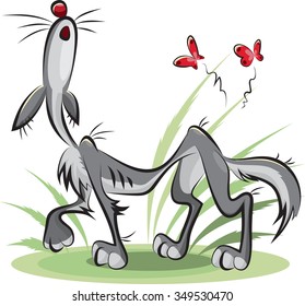 cartoon gray wolf and two red butterflies