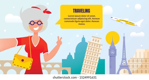 Cartoon Gray-Haired Mature Senior Woman Character Traveling Round World. Happily Smiling Aged Lady Taking Selfie. Europe Tour for Elderly People. Advertising Flat Poster. Vector Illustration