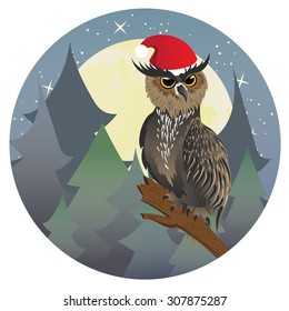 Cartoon great horned owl on a tree branch in Santa hat.