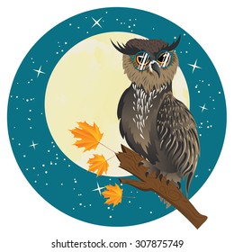 Cartoon great horned owl wear big eye glasses.