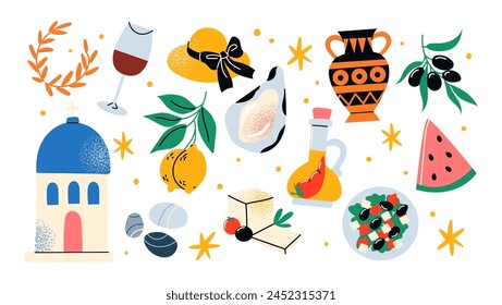 Pegatinas de Cartoon Greece. Elementos tradicionales griegos, comida, aceitunas, vino, arquitectura. Objetos antiguos en un estilo moderno dibujado a mano. Vector conjunto de pegatinas