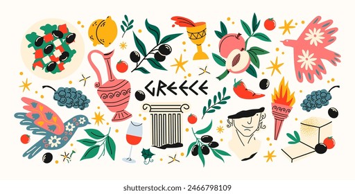 Cartoon Greece stickers. Greek traditional elements, food, leaf, olives, wine, columns, statues, vases. Antique items in a modern hand-drawn comic style. Vector set of shapes