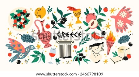 Cartoon Greece stickers. Greek traditional elements, food, leaf, olives, wine, columns, statues, vases. Antique items in a modern hand-drawn comic style. Vector set of shapes