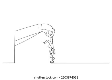 Cartoon Of Greed Businessman Hold Small People Shaking To Get All Their Money. Metaphor For Tax Hike, Government Increase Tax Or Steal Money From People. Single Continuous Line Art Style
