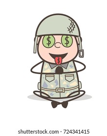 Cartoon Greedy Army Officer Expression for Money Vector Illustration