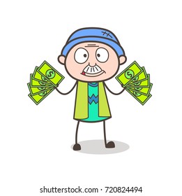 Cartoon Greedy Grandpa Showing Money Vector Illustration