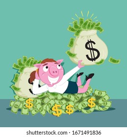 Cartoon Greedy Pig Businesswoman Holding Money, Illustration Vector Cartoon