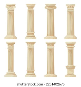 Cartoon greek columns. Cartoon ancient pillars, doric, ionic and corinthian ornaments, antique colonnade decoration flat vector illustration on white background