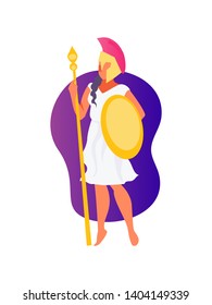 Cartoon Greek Goddess Athena with a shield and a spear. Vector illustration