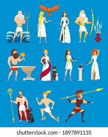 Cartoon Greek Gods set. Ancient Olympian heroes isolated on blue background. Poseidon, Zeus, Hephaestus, Ares, Hermes, Athene, Aphrodite, Hades, Demeter, Artemis. Flat vector illustration