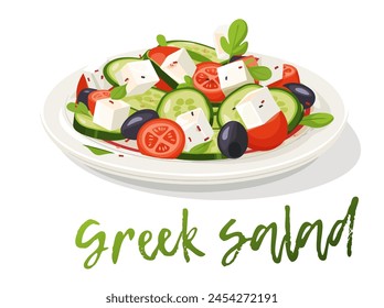 Cartoon Greek Salad Vector Icon. Colorful illustration of a delicious Greek salad served on a white plate. The salad contains chopped tomatoes, cucumbers, feta cheese, and black olives