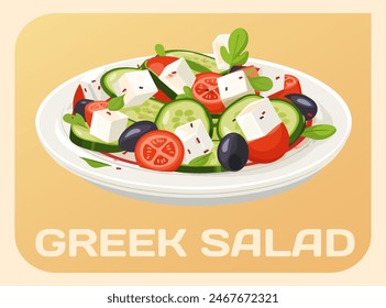 Cartoon Greek Salad Vector Icon. Colorful illustration of a delicious Greek salad served on a white plate. The salad contains chopped tomatoes, cucumbers, feta cheese, and black olives