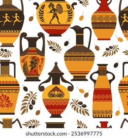 Cartoon Greek vases pattern. Ancient amphorae with traditional Hellenic ornament. Repeated print. Olive branch. Archaeological crockery. Roman earthenware. Splendid