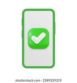 Cartoon Green 3D Smartphone with YES, Tick and Check Mark Button - Cute Minimalist Mobile Graphic for Success, Approve and Task Completion. Vector.