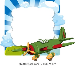 Cartoon green airplane flying with cloud frame.