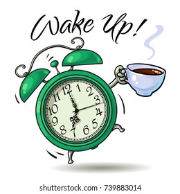 Cartoon green alarm clock with cup of hot coffee ringing. Wake-up time. Sketch style hand drawn vector illustration isolated on white background.