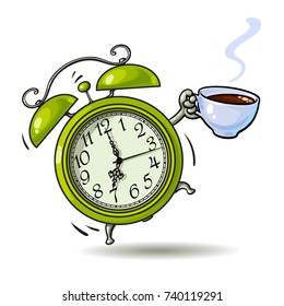 Cartoon green alarm clock with cup of coffee ringing. Wake-up time. Sketch style hand drawn vector illustration isolated on white background.