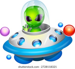 Alienígena verde de la historieta o piloto extraterrestre que vuela un ovni plateado y azul o nave espacial del platillo volador con un signo de interrogación azul y planetas espaciales coloridos en fondo transparente