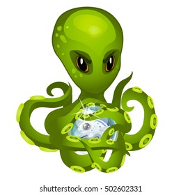 Cartoon green alien octopus holding in tentacles the embryo fish. Vector illustration.
