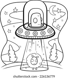 A cartoon green alien in a spaceship abducting a sheep.