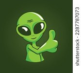 Cartoon green alien thumb up vector logo