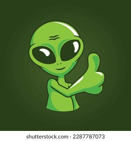 Cartoon green alien thumb up vector logo