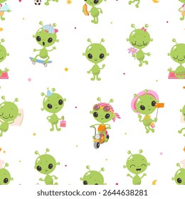 Cartoon green aliens seamless pattern. Isolated ufo characters in different poses. Childish design, fabric, wallpaper wrapping print vector template