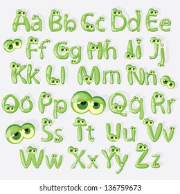 Cartoon green alphabet with eyes, vector