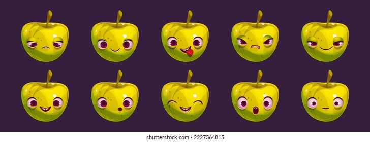Cartoon green apple character with different emotions on face. Set of funny fruit with big eyes and mouth happy, smiling, sad, angry, scared, surprised, showing tongue. Emoticon vector illustration