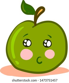 A cartoon of a green apple with rosy cheeks and sparkling eyes, vector, color drawing or illustration.
