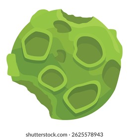 Cartoon green asteroid floating in space, featuring craters and a rough surface
