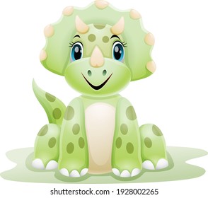Cartoon green baby triceratops dinosaur sitting