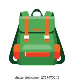 Mochila verde de dibujos animados con correas naranjas y detalles sobre fondo blanco